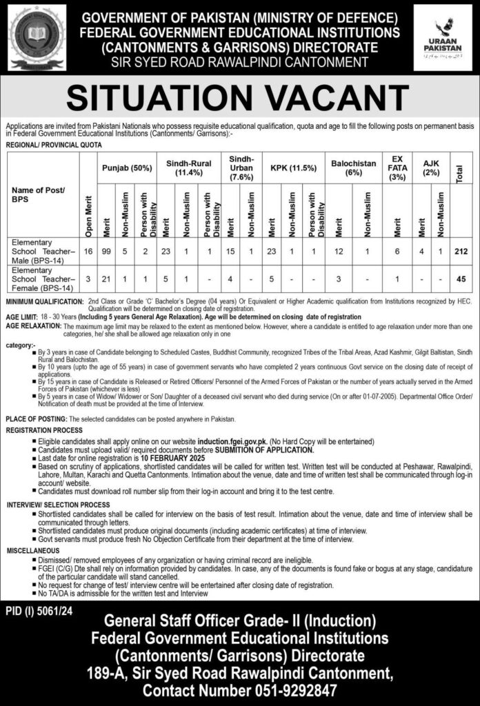 Elementary School Teacher (EST) jobs in Federal Government Educational Institutions (Cantt/Garrisons) 1